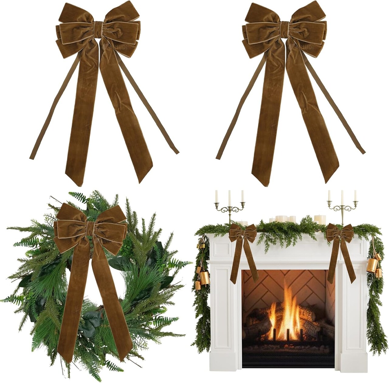 Brown Velvet Bows 6.5" x 15" Christmas Bows for Gift Wrapping Velvet Bows for Christmas Tree, Holiday Crafts, Wreath, Garland, Staircase, Home Outdoor Fall Christmas Decorations, 2 PCs